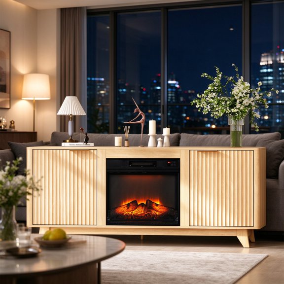 EDOEMSE Oak Fireplace TV Stand Media Console with 18 Inch Insert, Double Grid Doors, Gold Handles and 2 Shelves