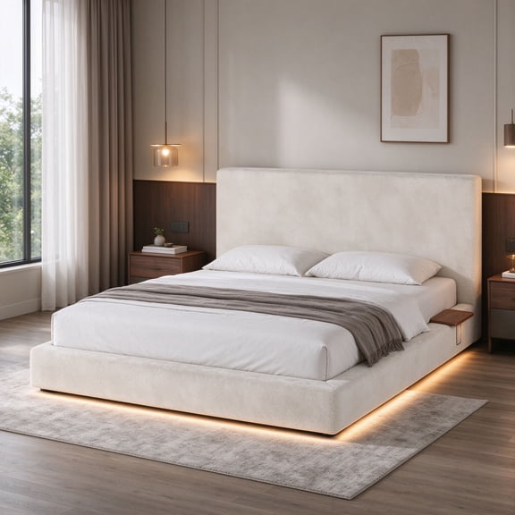 EDOEMSE Off-White Queen Bed Frame with Cloud Upholstered Cushion & Sliding Side Tables, Steel & Foam Platform Bed, 90.5" L