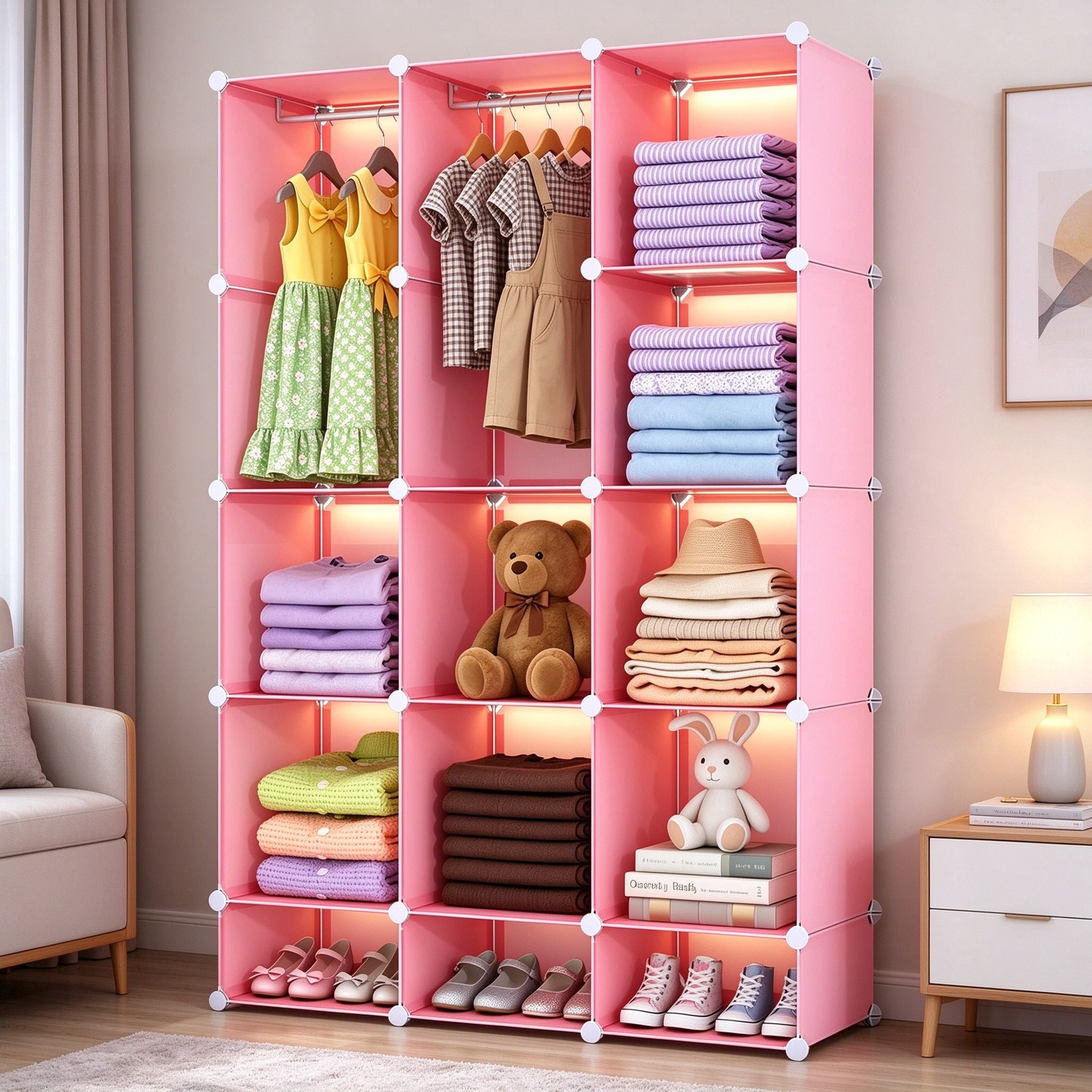 Steel Waredrop EDOEMSE Pink 3-Cube Modular Kids Closet, PP & Metal Storage Organizer ...