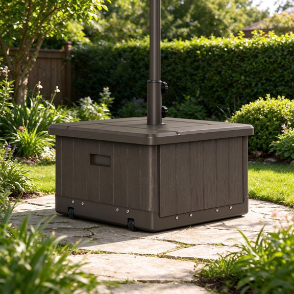 EDOEMSE Portable 3-in-1 Outdoor Umbrella Base with Wheels and Handles, End Table, Flower Box Planter with Hole, 175 lbs. Capacity, Brown