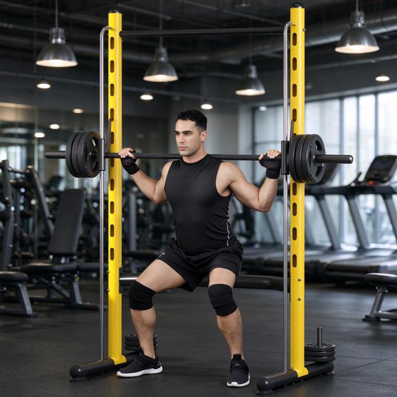 EDOEMSE Pro Soozier Squat Rack with Pull Up Bar and Barbell Bar Adjustable Bench Press Multi-Function Weight Lifting Half Rack, Yellow