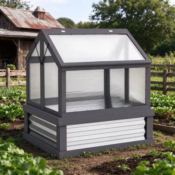 EDOEMSE Raised Garden Flower Bed Set with Greenhouse, Wooden Cold Frame Planter, 35.5" x 31.5" x 36", Gray