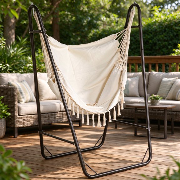 EDOEMSE Relaxing Hammock Chair with U Shape Stand, Hammock Swing Chair with A Side Pocket, Brown & Cream White