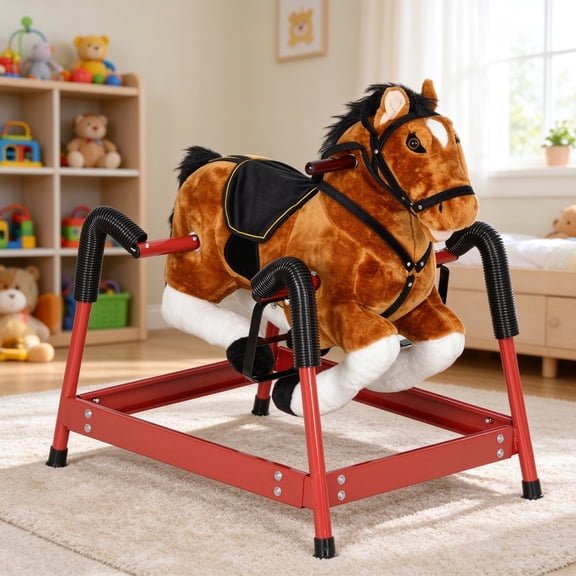 EDOEMSE Spring Rocking Horse, Kids Ride on Horse, Plush Horse Ride-on with Sounds & Foot Stirrups for Kids 3-8 Years, Brown