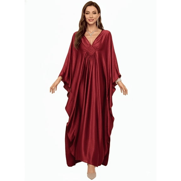 EDOLYNSA 2025 Elegant Plus Size Kaftan Women's Solid Color Retro V-Neck Woven Batwing Sleeve Long Dress Sexy Beach Swimsuit Cover-up