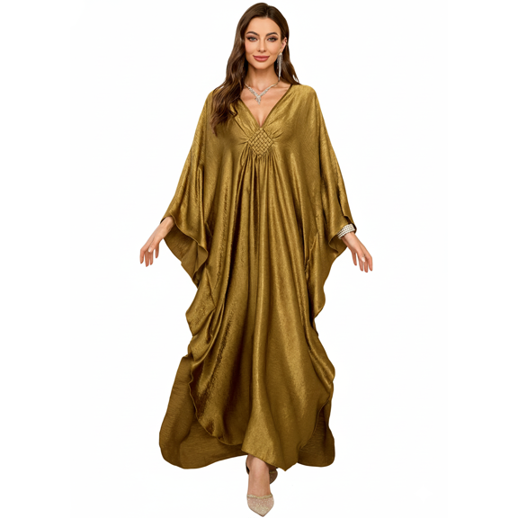 EDOLYNSA 2025 Elegant Plus Size Kaftan Women's Solid Color Retro V-Neck Woven Batwing Sleeve Long Dress Sexy Beach Swimsuit Cover-up