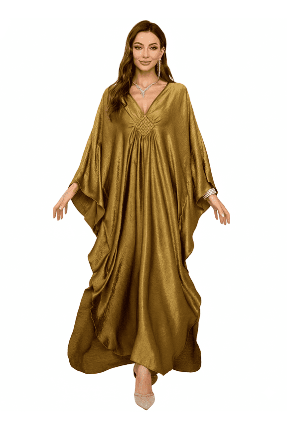 2025 Elegant Plus Size Kaftan Women's Solid Color Retro V-Neck Woven Batwing Sleeve Long Dress Sexy Beach Swimsuit Cover-up