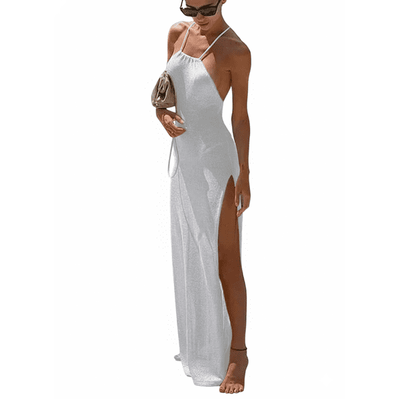 EDOLYNSA 2025 Kintted Cover Up Beach Sexy Halter Sleeveless See Through Maxi Slit Bodycon Summer Dress Bikinis Cover-ups Elegant Halter Beachdress