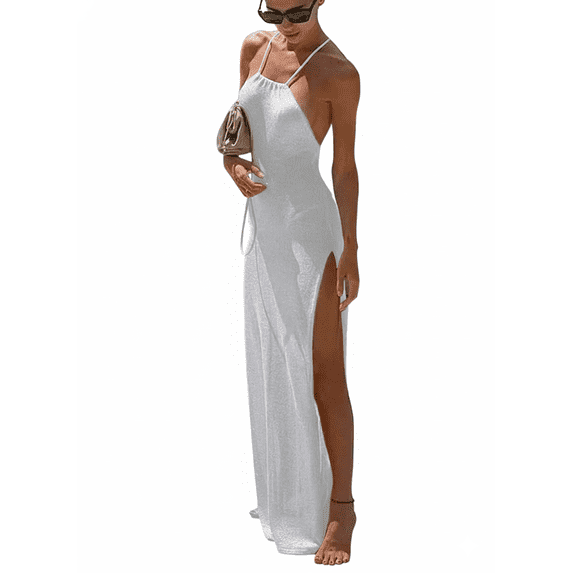 EDOLYNSA 2025 Kintted Cover Up Beach Sexy Halter Sleeveless See Through Maxi Slit Bodycon Summer Dress Bikinis Cover-ups Elegant Halter Beachdress