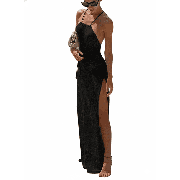 EDOLYNSA 2025 Kintted Cover Up Beach Sexy Halter Sleeveless See Through Maxi Slit Bodycon Summer Dress Bikinis Cover-ups Elegant Halter Beachdress
