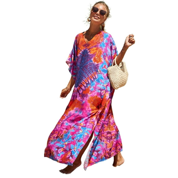 EDOLYNSA Boho Print 2024 Sexy V Neck Bat Sleeve Casual Beach Long Dress Women Summer Swimsuit Coverup Relaxed Vacation Party Dresses