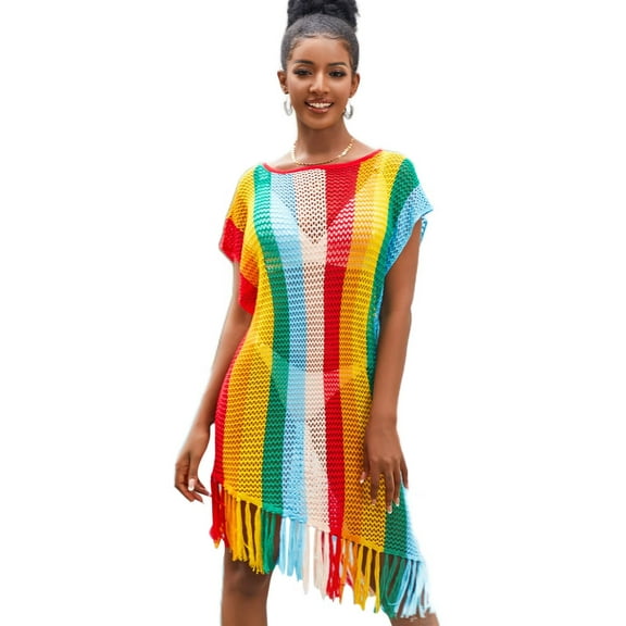 EDOLYNSA Colorful Stripes Printed Dresses Plus Size Crochet Dress with Tassel Bikini Cover Up See-Through Beachwear