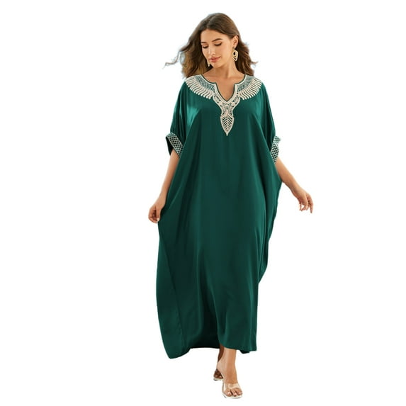 EDOLYNSA Kaftan Coverup for Women Embroidered Beach Dresses Plus Size Caftan Loungewear Turkish Robe Casual Beachwear Tunic