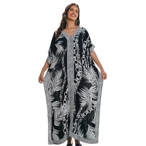 EDOLYNSA Kaftan Dresses for Women Caftan Loungewear Plus Size Bathing Suit Cover-ups V neck Beach Printed Maxi Dresses Long Tops