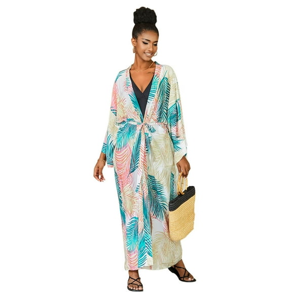 EDOLYNSA Leaf Printed Summer Kimono Cardigan Hawaiian Vacation Outfit Women's Swimming Cover-up with Self Tie