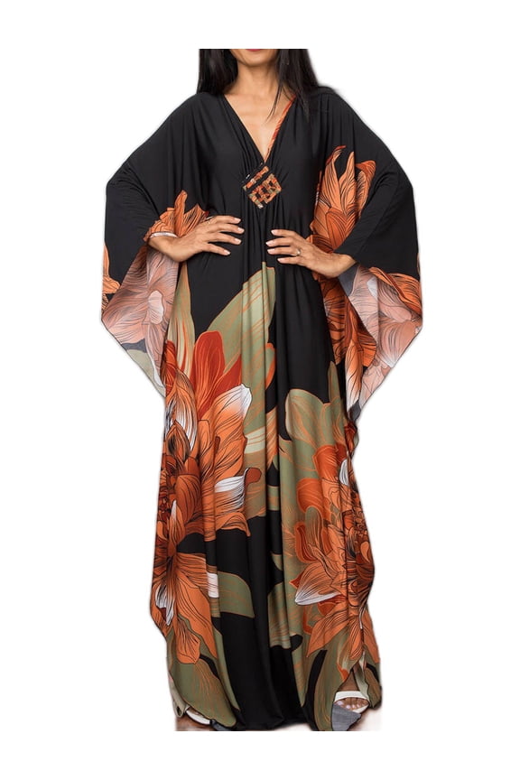Maxi Kaftan Dresses for Women Moroccan Caftans With Batwing Sleeve Printed Lounge Dress