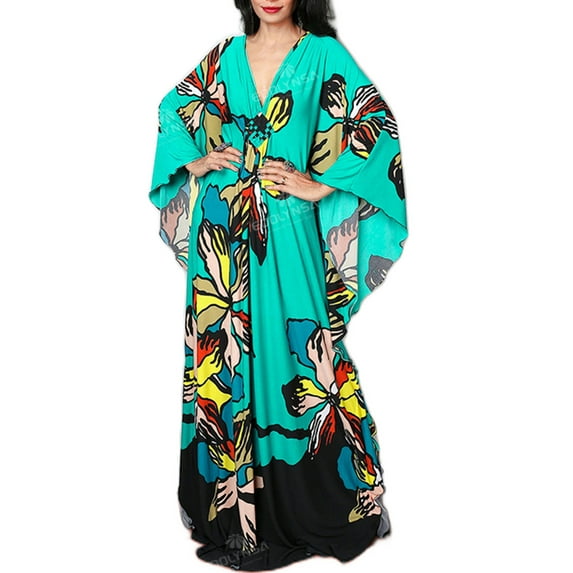 EDOLYNSA Maxi Kaftan Dresses for Women Moroccan Caftans With Batwing Sleeve Printed Lounge Dress