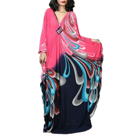 EDOLYNSA Maxi Kaftan Dresses for Women Moroccan Caftans With Batwing Sleeve Printed Lounge Dress