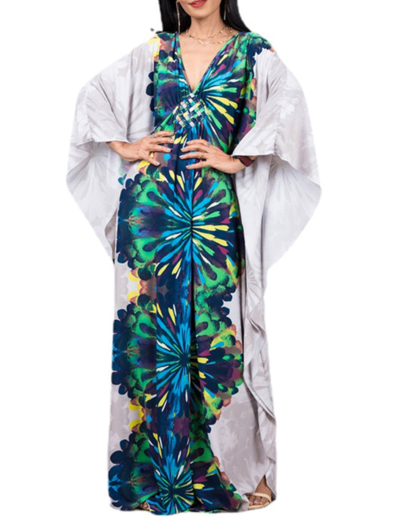 Elegant Floral Print Kaftan Abaya - Women's Batwing Maxi Dress main image 1