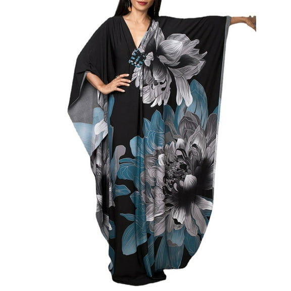 EDOLYNSA Maxi Kaftan Dresses for Women Moroccan Caftans With Batwing Sleeve Printed Lounge Dress