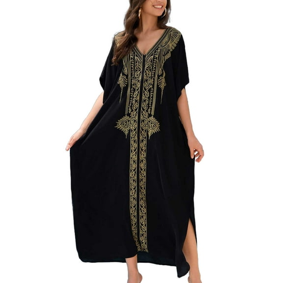 EDOLYNSA Moroccan Kaftan Dresses for Women Plus Size Caftans Loungewear Embroidered Beach Kaftan Cover up mumu House Dress