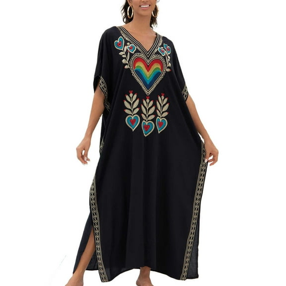 EDOLYNSA Moroccan Kaftan Dresses for Women Plus Size Caftans Loungewear Embroidered Beach Kaftan Cover up mumu House Dress
