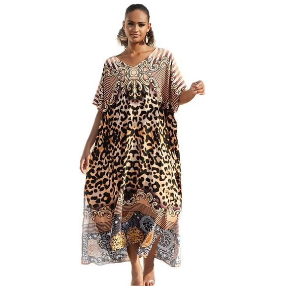 EDOLYNSA Plus Size Bathing Suit Cover Up for Women Leopard Print Kaftan Casual Beach Dress Loose Home Wear