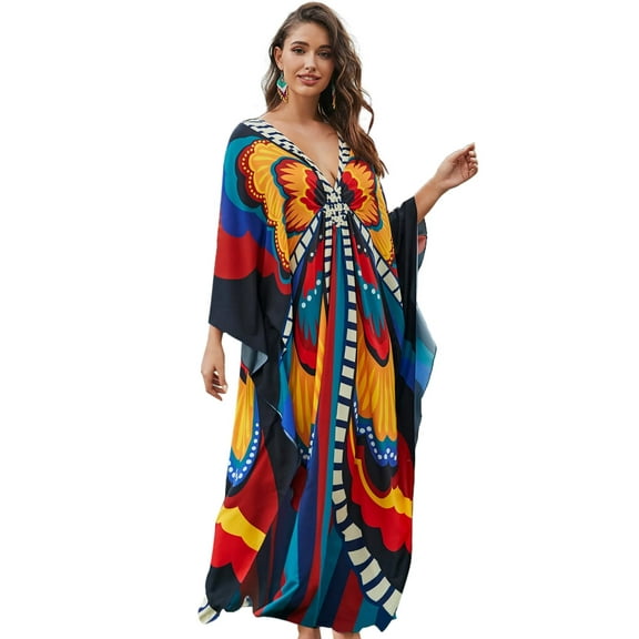 EDOLYNSA Plus Size Bathing Suit Coverups Fancy Kaftan Dresses Butterfly Printed Caftans for Women Casual Beachwear Long Tops