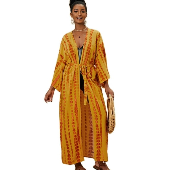 EDOLYNSA Plus Size Cover Ups for Swimwear Women Beach Kimono Robes with Belt Resort Outfit Long