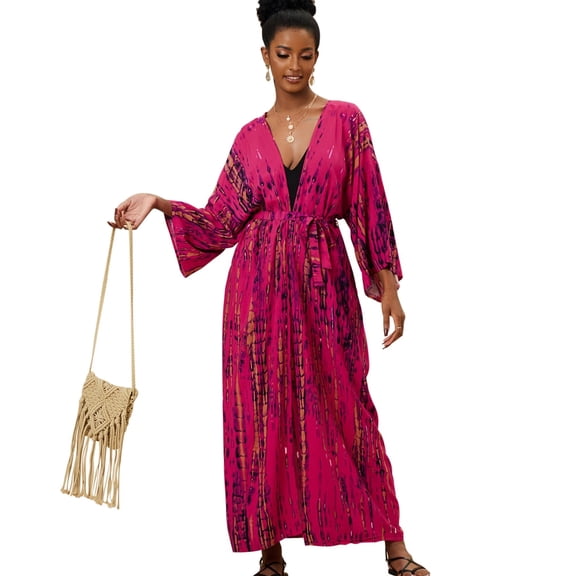 EDOLYNSA Plus Size Cover ups for Swimwear Women Beach Kimono Robes with Belt Resort Outfit Long