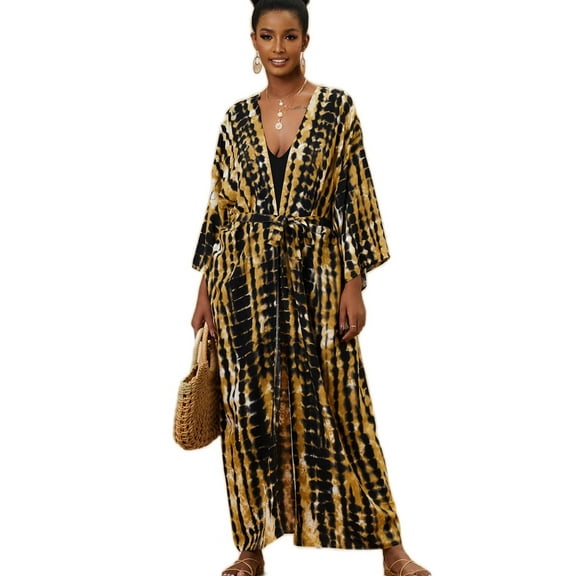 EDOLYNSA Plus Size Cover ups for Swimwear Women Beach Kimono Robes with Belt Resort Outfit Long