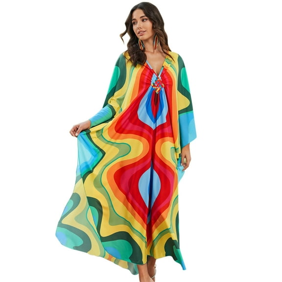 EDOLYNSA Plus Size Kaftan Dress Coverup Rainbow Print Caftan Loungewear for Women Summer Casual Outfit Bat Sleeve Sleep Robe