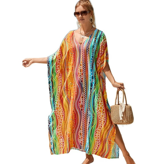 EDOLYNSA Plus Size Kaftan Dress for Women Swim Cover Up Long Casual Summer Outfit Loose Lounge Wear