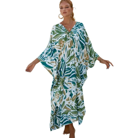 EDOLYNSA Plus Size Kaftan Dresses for Women Print Swimwear Cover up Beach Caftan Robe Maxi Loungewear