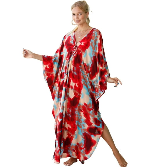 EDOLYNSA Plus Size Kaftan Dresses for Women Print Swimwear Cover up Beach Caftan Robe Maxi Loungewear