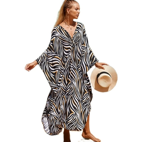 EDOLYNSA Plus Size Kaftan Dresses for Women Print Swimwear Cover up Beach Caftan Robe Maxi Loungewear