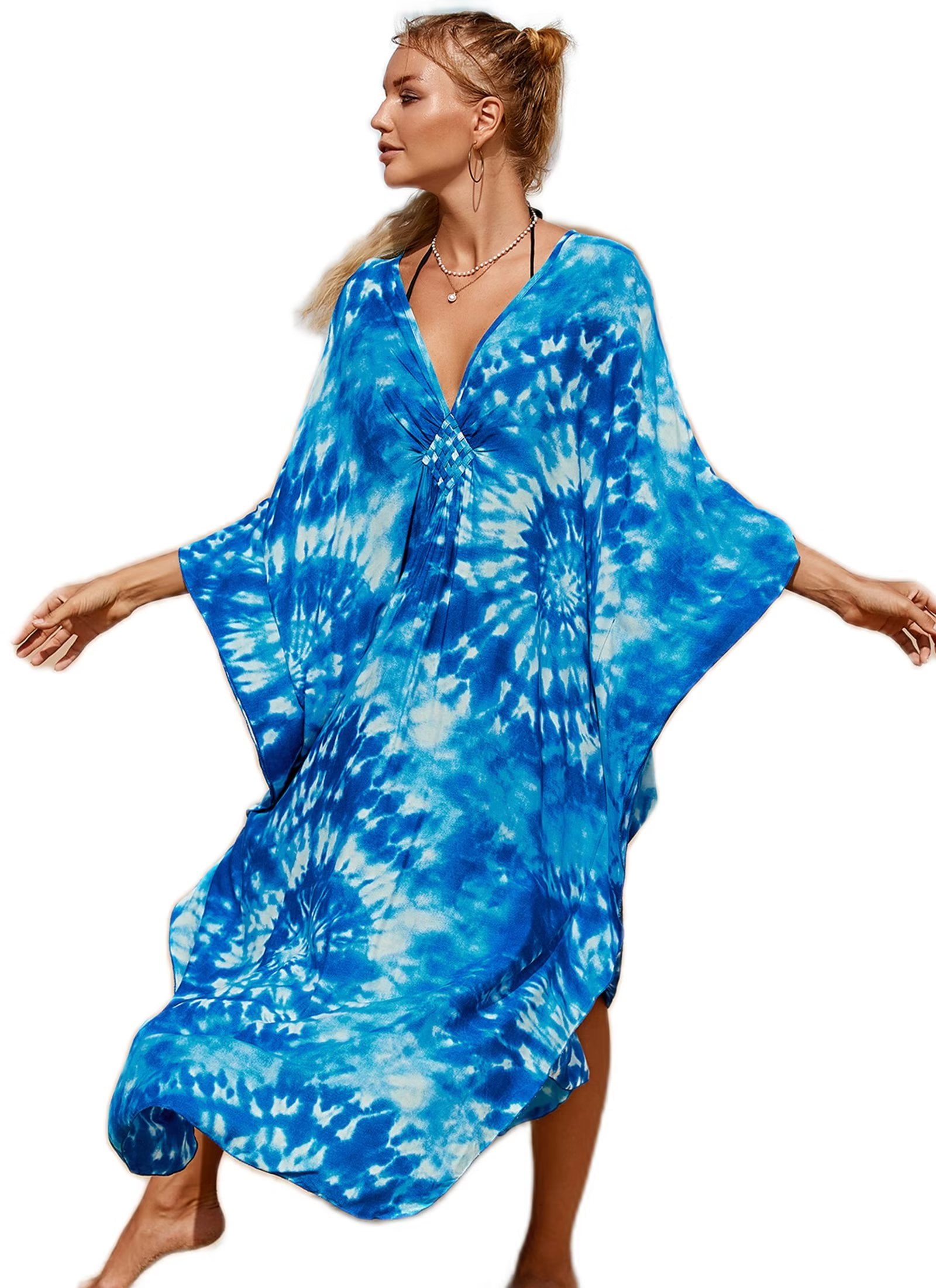 Phagun Women's Blue Floral & Skull Print Kaftan Dress - Beach Cover Up Or Loungewear, 38" Length - View #10
