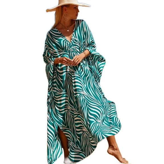 EDOLYNSA Plus Size Kaftan Dresses for Women Print Swimwear Cover up Beach Caftan Robe Maxi Loungewear