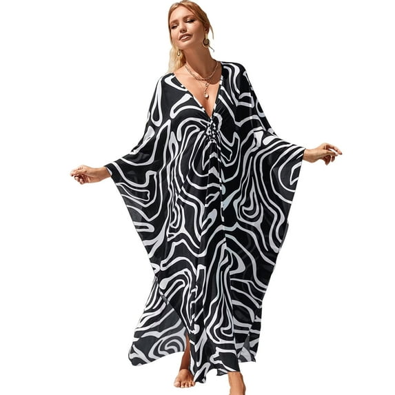 EDOLYNSA Plus Size Kaftan Dresses for Women Print Swimwear Cover up Beach Caftan Robe Maxi Loungewear