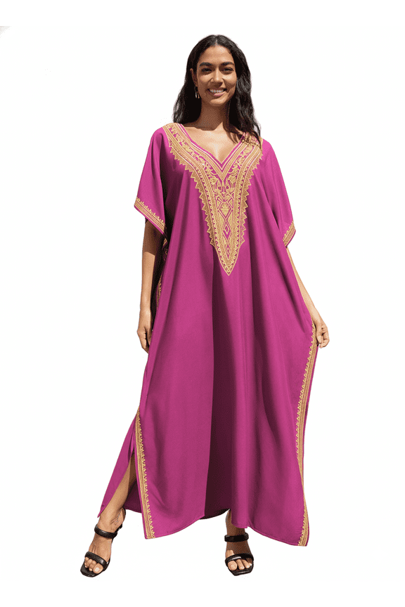 Sexy V-Neck Gold Embroidered Long Beach Dress, Women's Retro Kaftan Loose Beachwear Vacation Swimsuit Bikini Cover-up