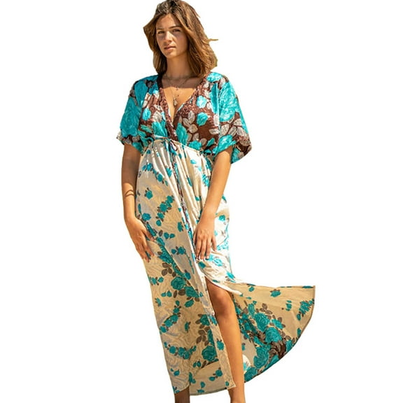 EDOLYNSA Sexy V-neck Half Sleeve High Waist Front Open Summer Wrap Dress Tunic 2024 Women Summer Beach Wear Midi Dresses