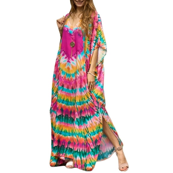 EDOLYNSA Tie-Dye Summer Outfit for Women Plus Size Kaftan Long Dress Printed Bathing Suit Cover up