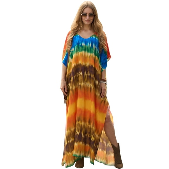 EDOLYNSA Tie-Dye Summer Outfit for Women Plus Size Kaftan Long Dress Printed Bathing Suit Cover Up