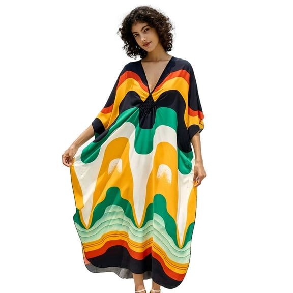 EDOLYNSA Women Colorful Kaftan Dress Swimsuit Coverup Maxi Beach Dress Loose Resort Wear Outfit mumu Casual Caftan Loungewear