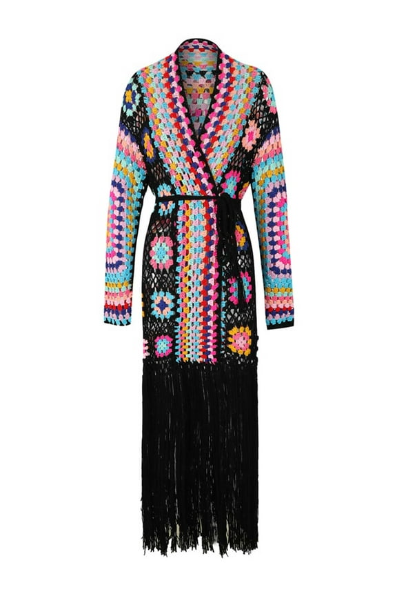 Women's Handmade Crochet Kimono Cardigan Boho Fall Jacket Sexy Tassel Swimsuit Cover Up