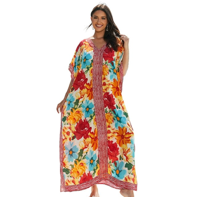 EDOLYNSA Women's Kaftan Dress Caftan Loungewear Plus Size Bathing Suit Coverups V neck Beach