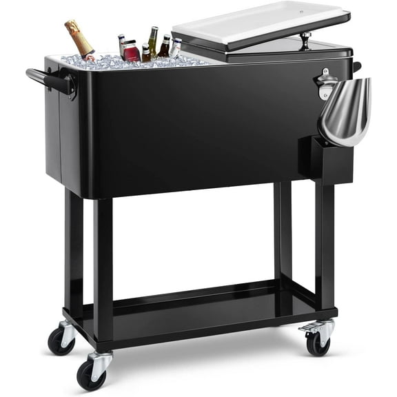 EDOSTORY 80 Quart Rolling Ice Chest Cooler Cart,Patio Backyard Party Drink Beverage Bar Stand Up Cooler Trolley with Ice Scoop