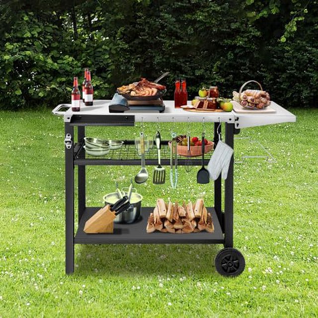 EDOSTORY Outdoor Grill Cart Table Pizza Oven Stand, ThreeShelf Stainless Steel Food Prep Table