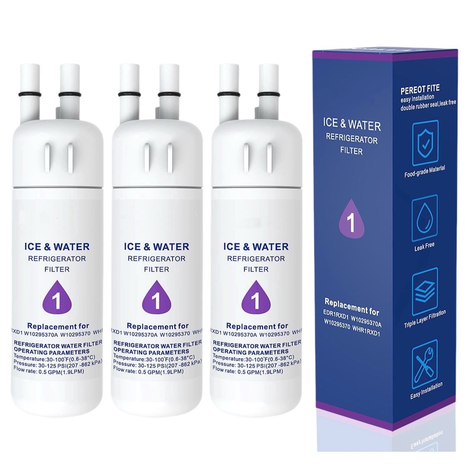 EDR1RXD1 Water Filter 1 Compatible with W10295370A W10295370 EDR1RXD1B 9081 46-9081 46-9930 9930 P5WB2L P8RFWB2L P4RFWB P5WB12NL EDRD101G1W, 3-Pack
