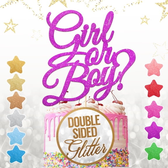 EDSG "Girl or Boy" Cake Topper, Gender Reveal Glitter Cake Topper, 10 Colors,Baby Shower, Welcome Newborn Party Decoration (Purple)